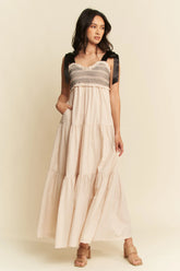 Davi & Dani Multi Contrast Smocked Bodice Straps Maxi Dress OutfitFlow